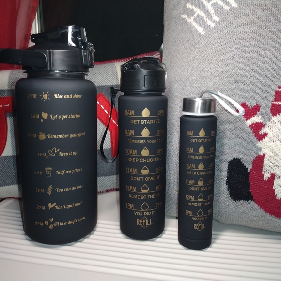 3 BLACK w/Gold writing Water Bottles Set: 64oz, 25oz, 10oz, All with Handles - Picture 4 of 16